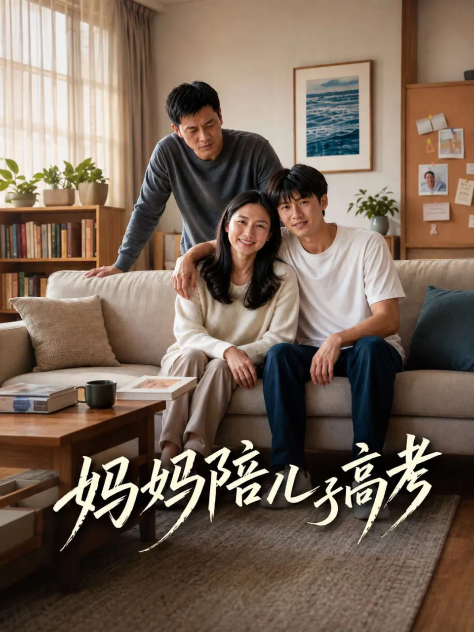黄果短剧《妈妈陪儿子高考》官方竖屏海报：米色调裁缝铺内，女主苏念执针而坐